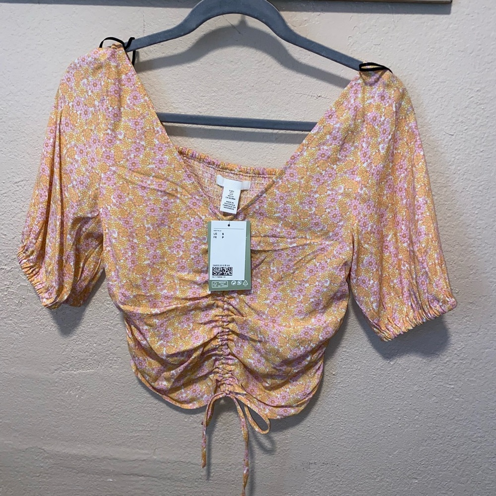 H&M Pink and Yellow Puff Sleeve Ruched Blouse